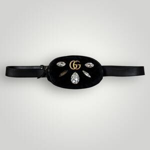 Gucci Black Crystal Matelassé Velvet GG Marmont Belt Bag